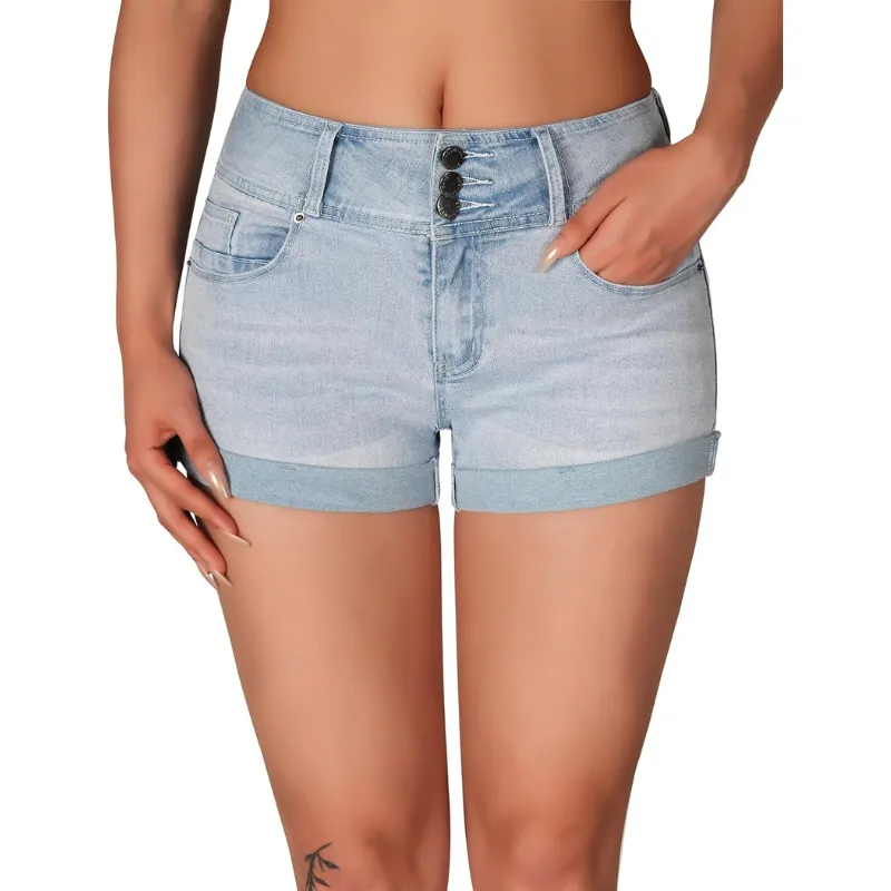 Cuffed Hem Stretchy Denim Shorts