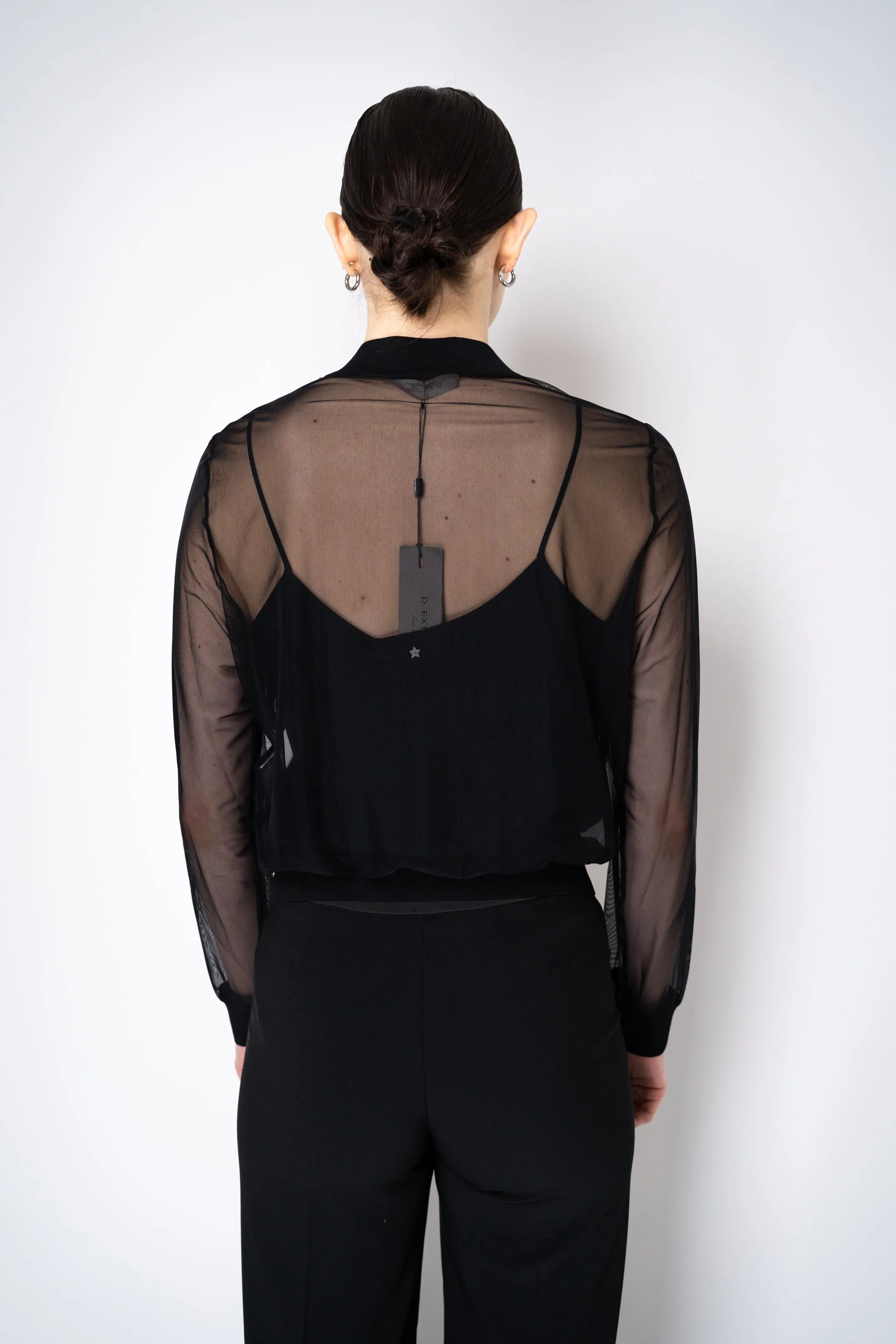 D. Exterior Stretch Tulle Sheer Bomber Jacket in Black