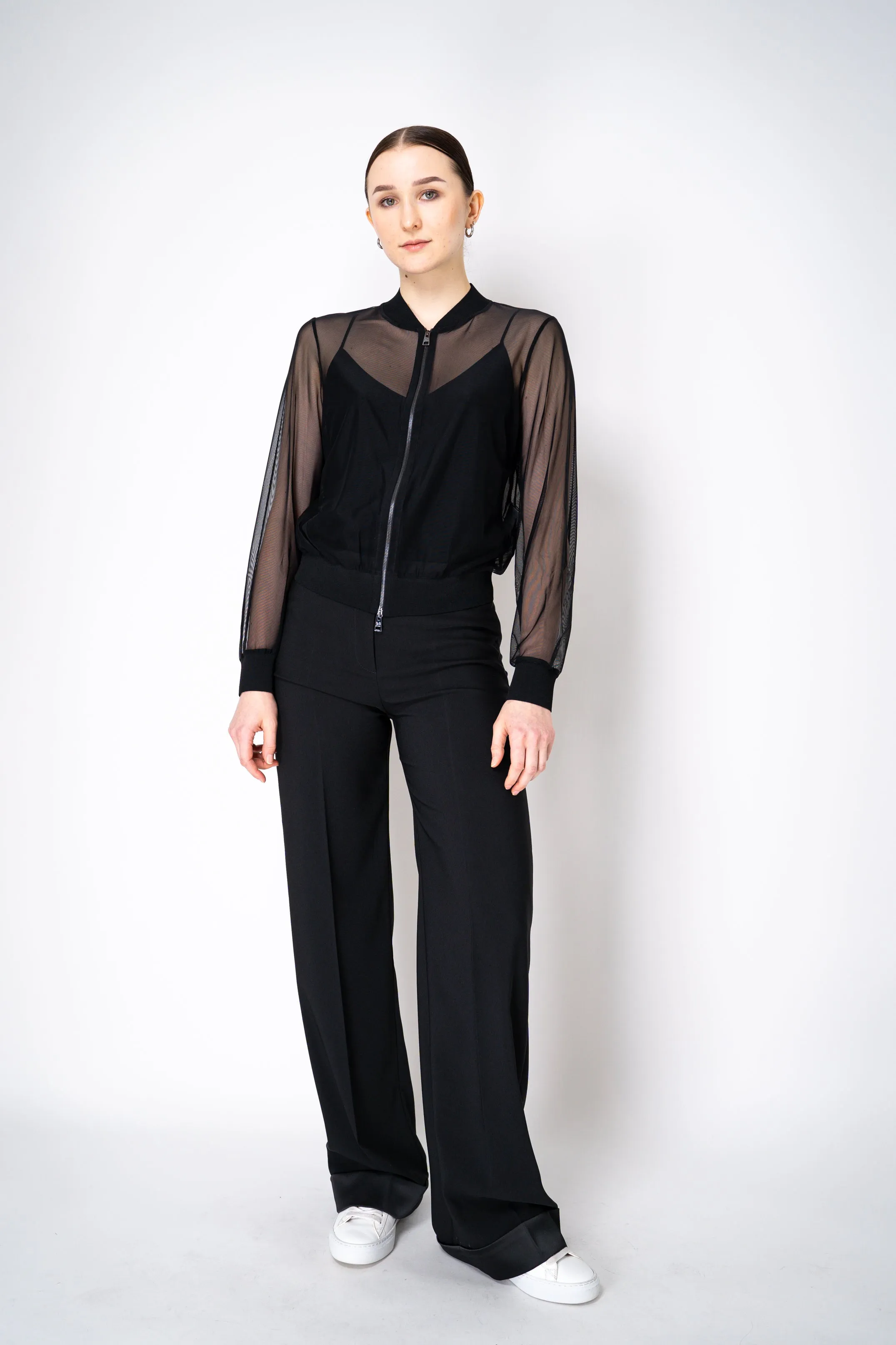 D. Exterior Stretch Tulle Sheer Bomber Jacket in Black