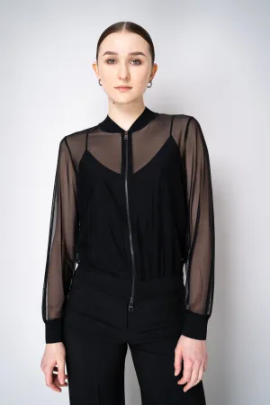 D. Exterior Stretch Tulle Sheer Bomber Jacket in Black