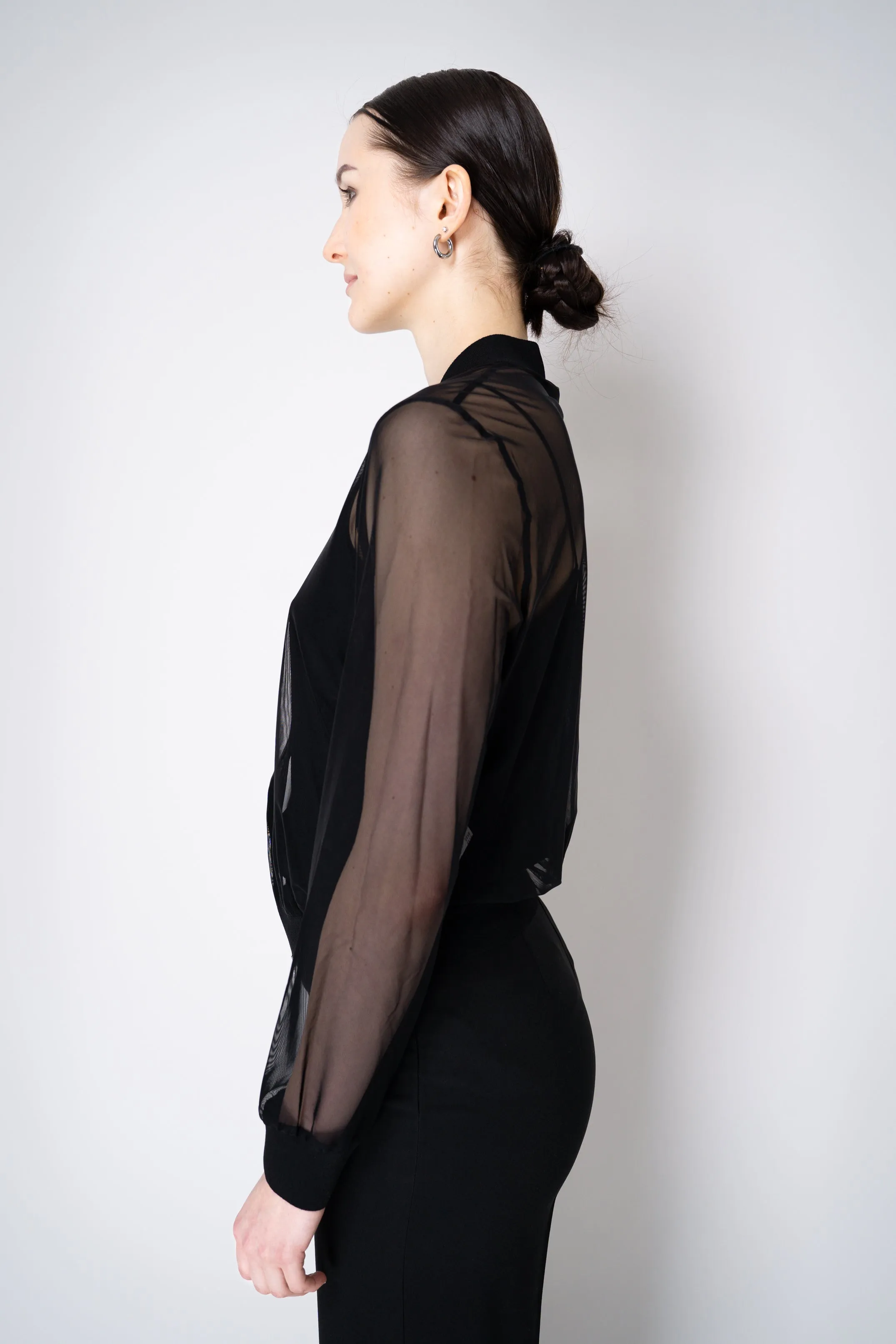 D. Exterior Stretch Tulle Sheer Bomber Jacket in Black