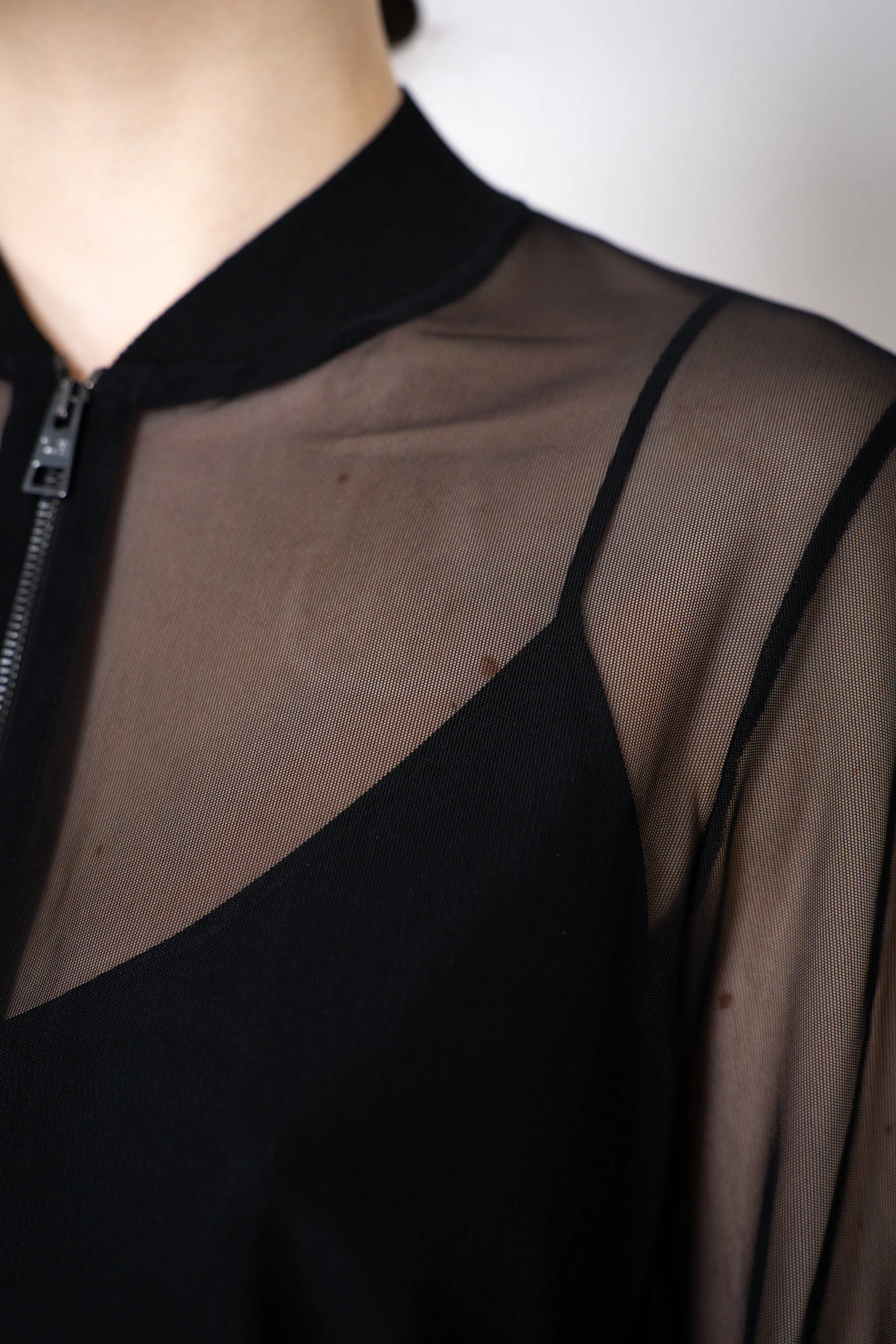 D. Exterior Stretch Tulle Sheer Bomber Jacket in Black