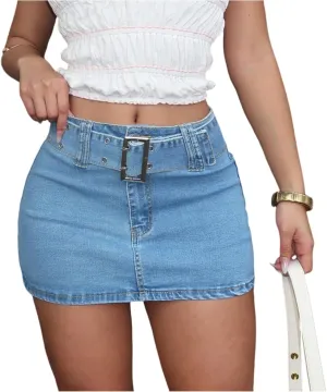 Denim Skirt Women Cargo Stretchy High Waisted Buckled Belt Y2k Bodycon Casual Summer Denim Mini Skirt with Pockets
