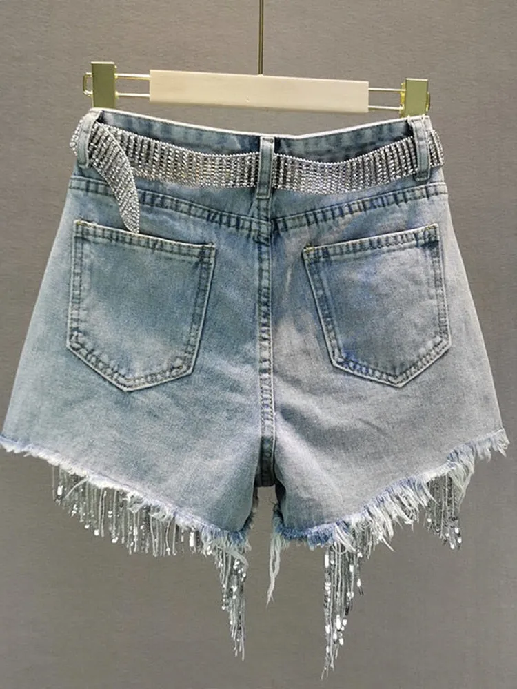 Elegant Wide Leg Denim Shorts Tassel Beading High Waist Casual Women's Shorts