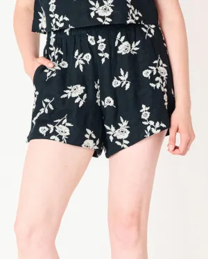 Embroidered Pull On Shorts - Black/Ivory Floral