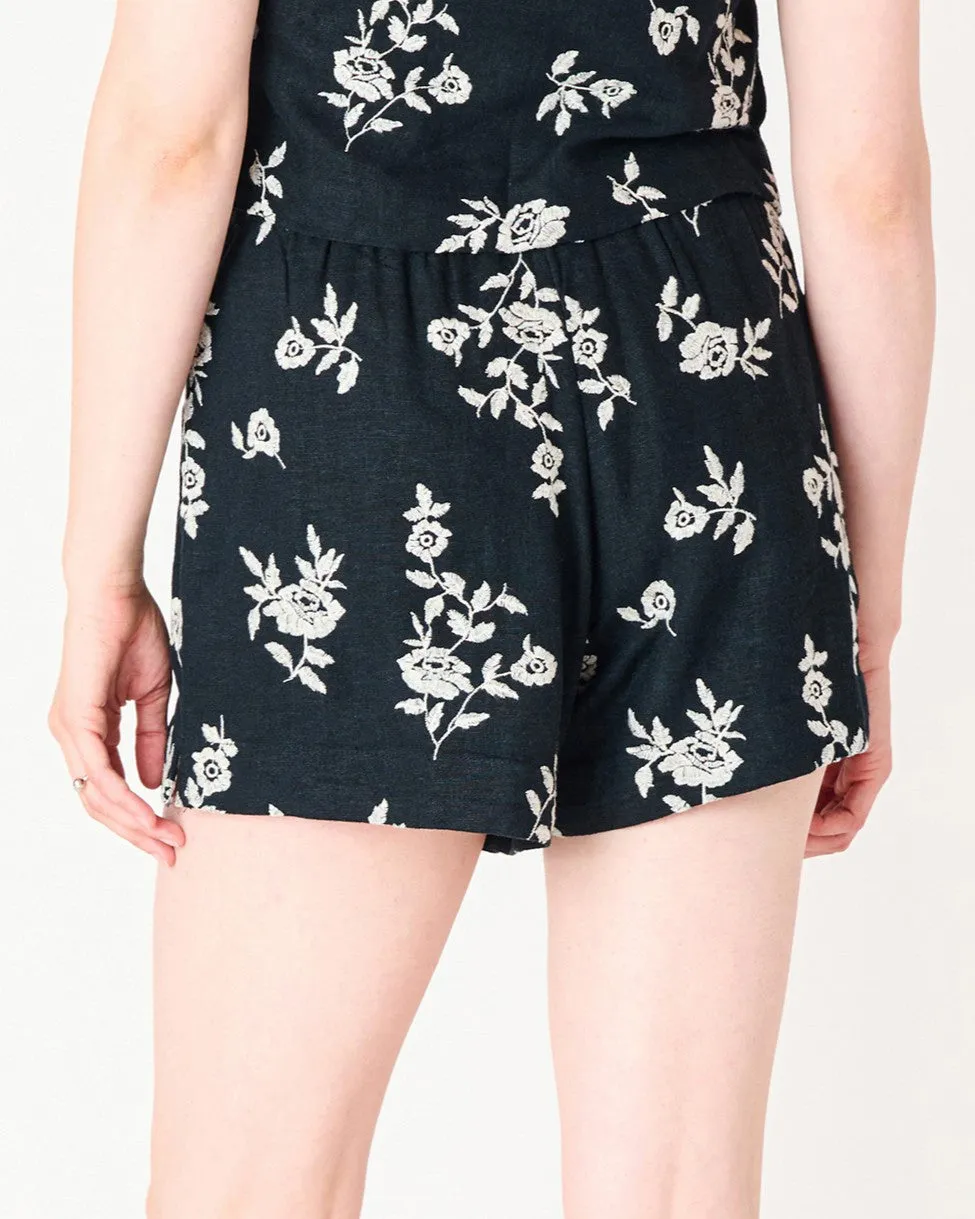 Embroidered Pull On Shorts - Black/Ivory Floral