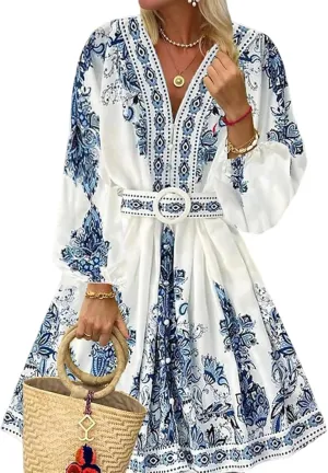 Fashion Women's Spring Dresses Boho Floral Print Breezy V-Neck Long Sleeve Mini Dress