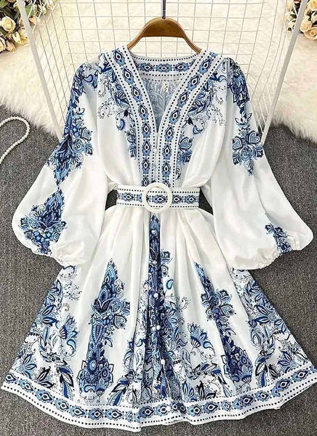 Fashion Women's Spring Dresses Boho Floral Print Breezy V-Neck Long Sleeve Mini Dress