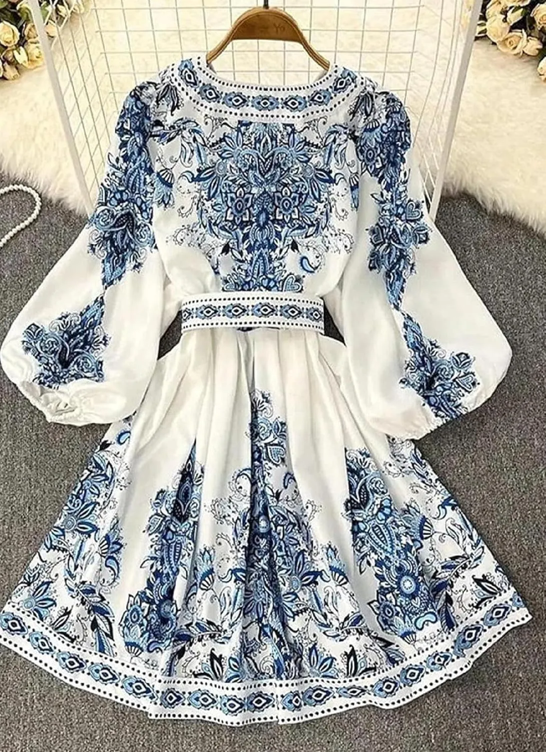 Fashion Women's Spring Dresses Boho Floral Print Breezy V-Neck Long Sleeve Mini Dress