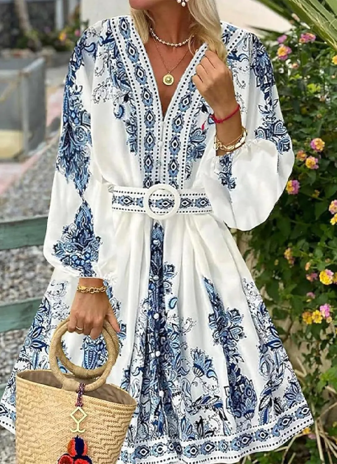 Fashion Women's Spring Dresses Boho Floral Print Breezy V-Neck Long Sleeve Mini Dress