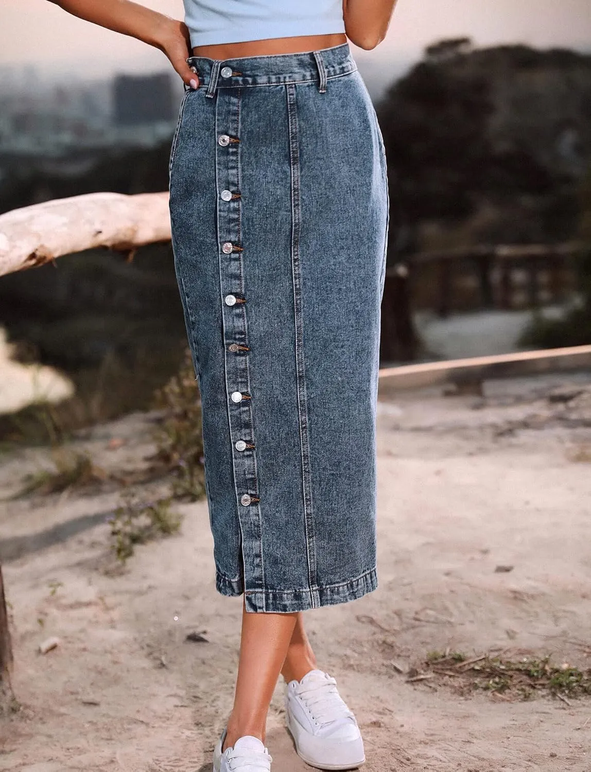 FEOYA Denim Skirt for Women Casual High Waist Midi/Mini Bodycon Skirt with Pockets Frayed Hem A Line Jean Skirts