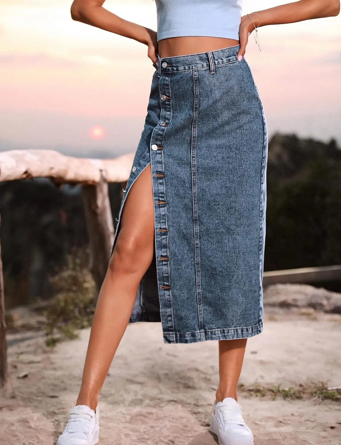 FEOYA Denim Skirt for Women Casual High Waist Midi/Mini Bodycon Skirt with Pockets Frayed Hem A Line Jean Skirts