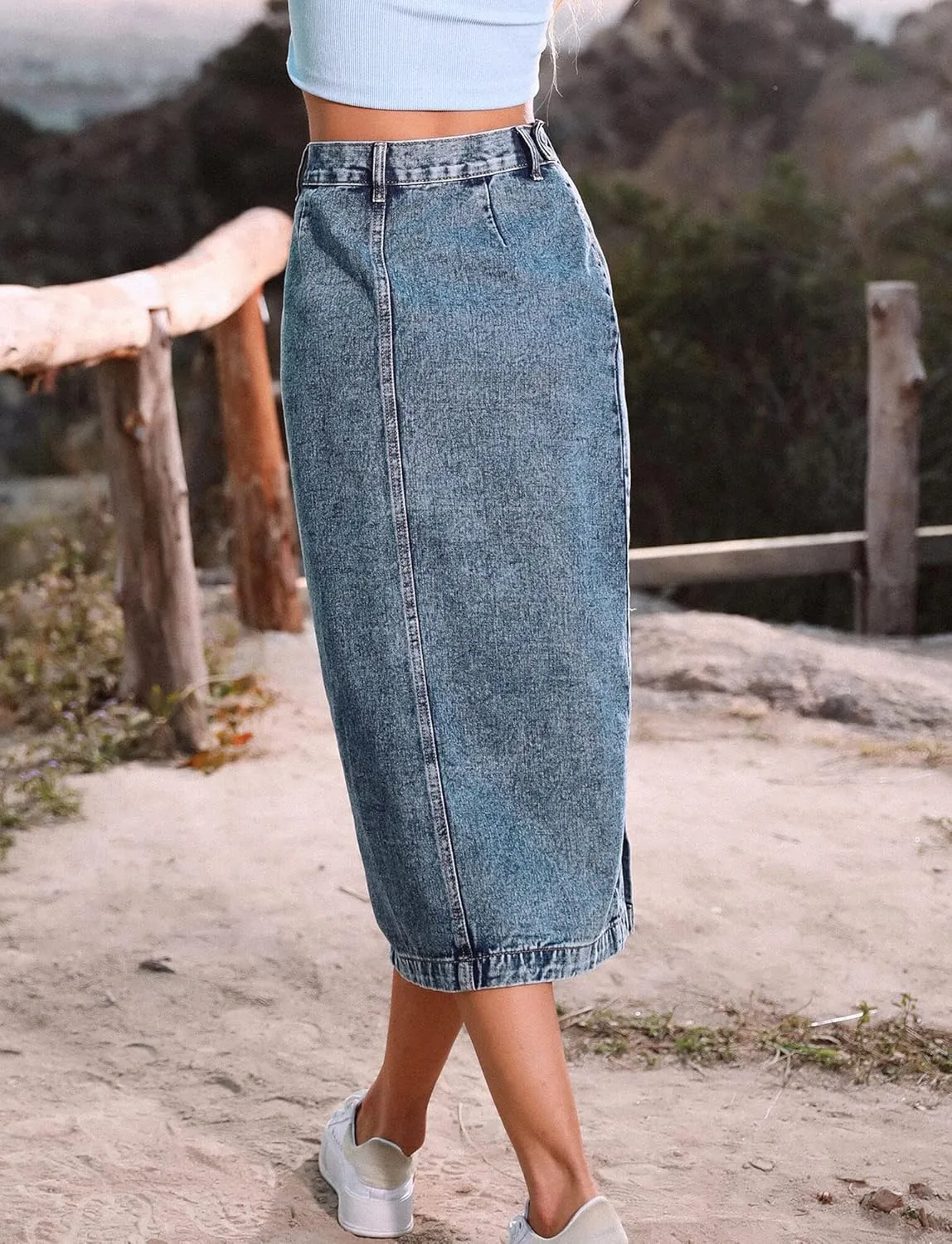FEOYA Denim Skirt for Women Casual High Waist Midi/Mini Bodycon Skirt with Pockets Frayed Hem A Line Jean Skirts