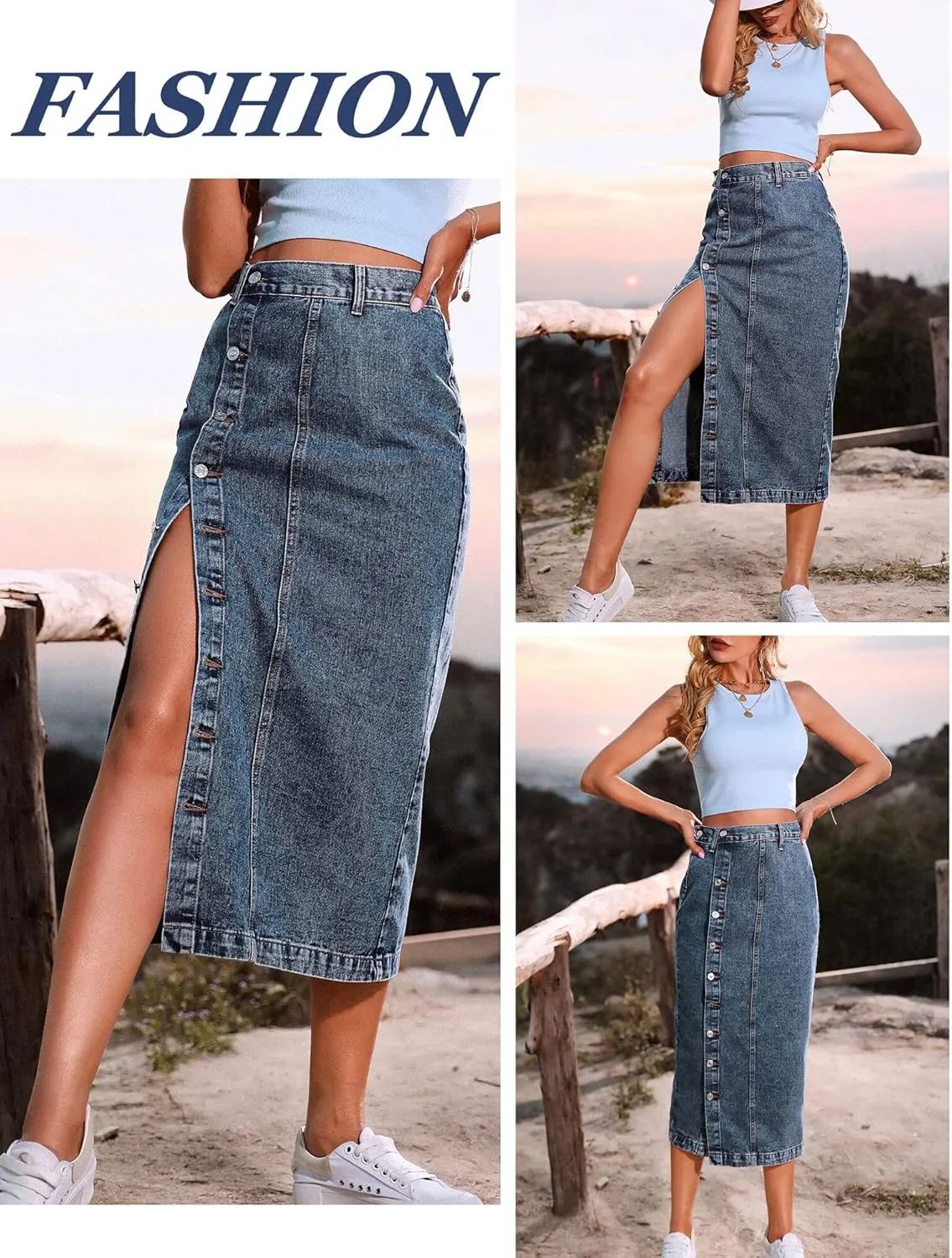 FEOYA Denim Skirt for Women Casual High Waist Midi/Mini Bodycon Skirt with Pockets Frayed Hem A Line Jean Skirts