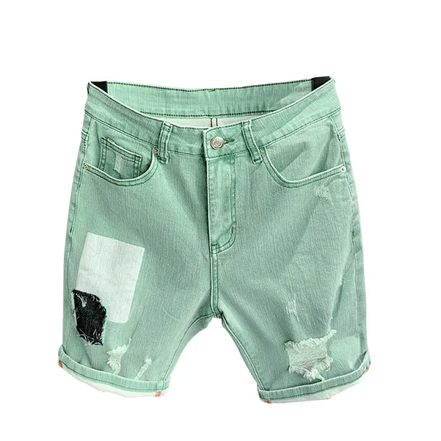 Green Denim Hole Ripped Short