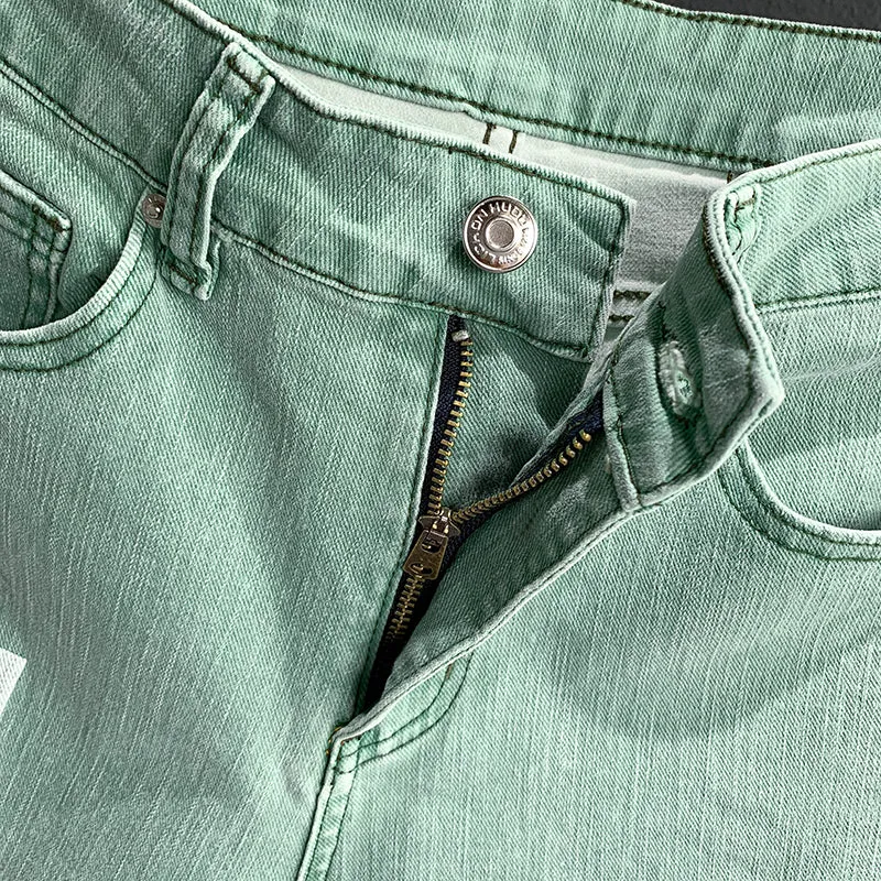 Green Denim Hole Ripped Short