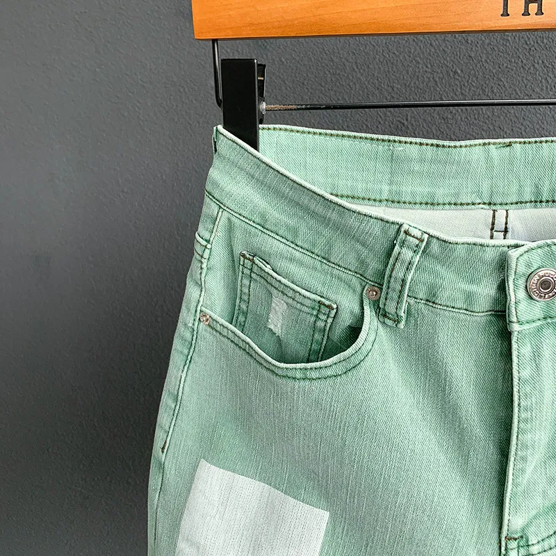 Green Denim Hole Ripped Short