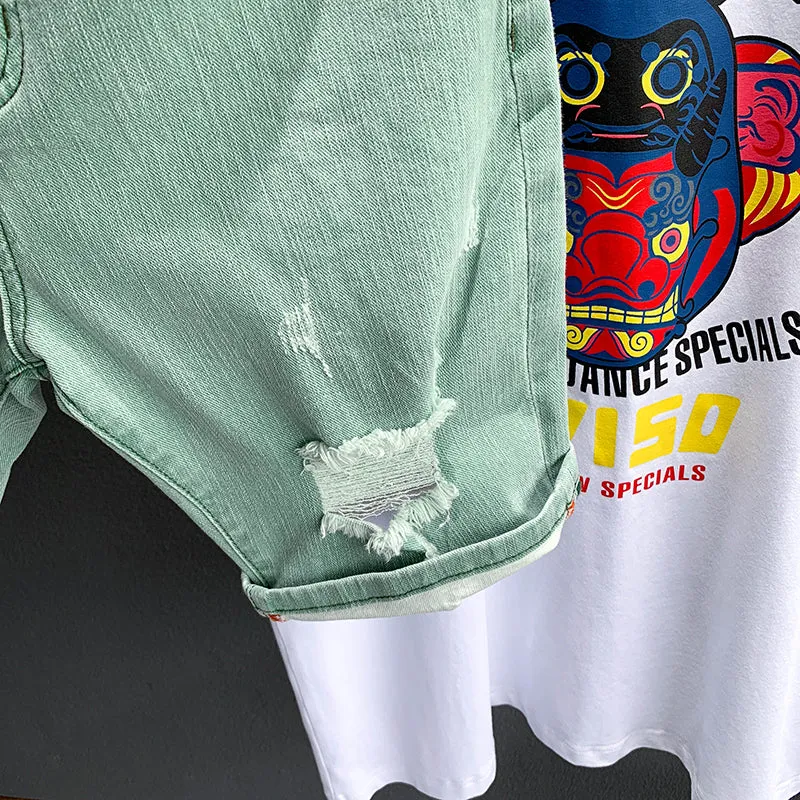 Green Denim Hole Ripped Short