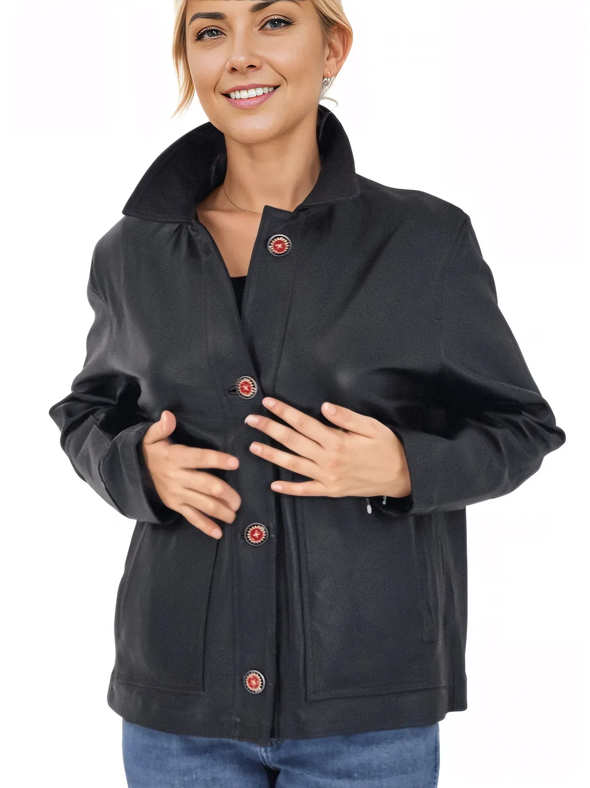 Handcrafted Oversized Sheepskin Leather Trucker Jacket – Stylish & Timeless Red Stitch