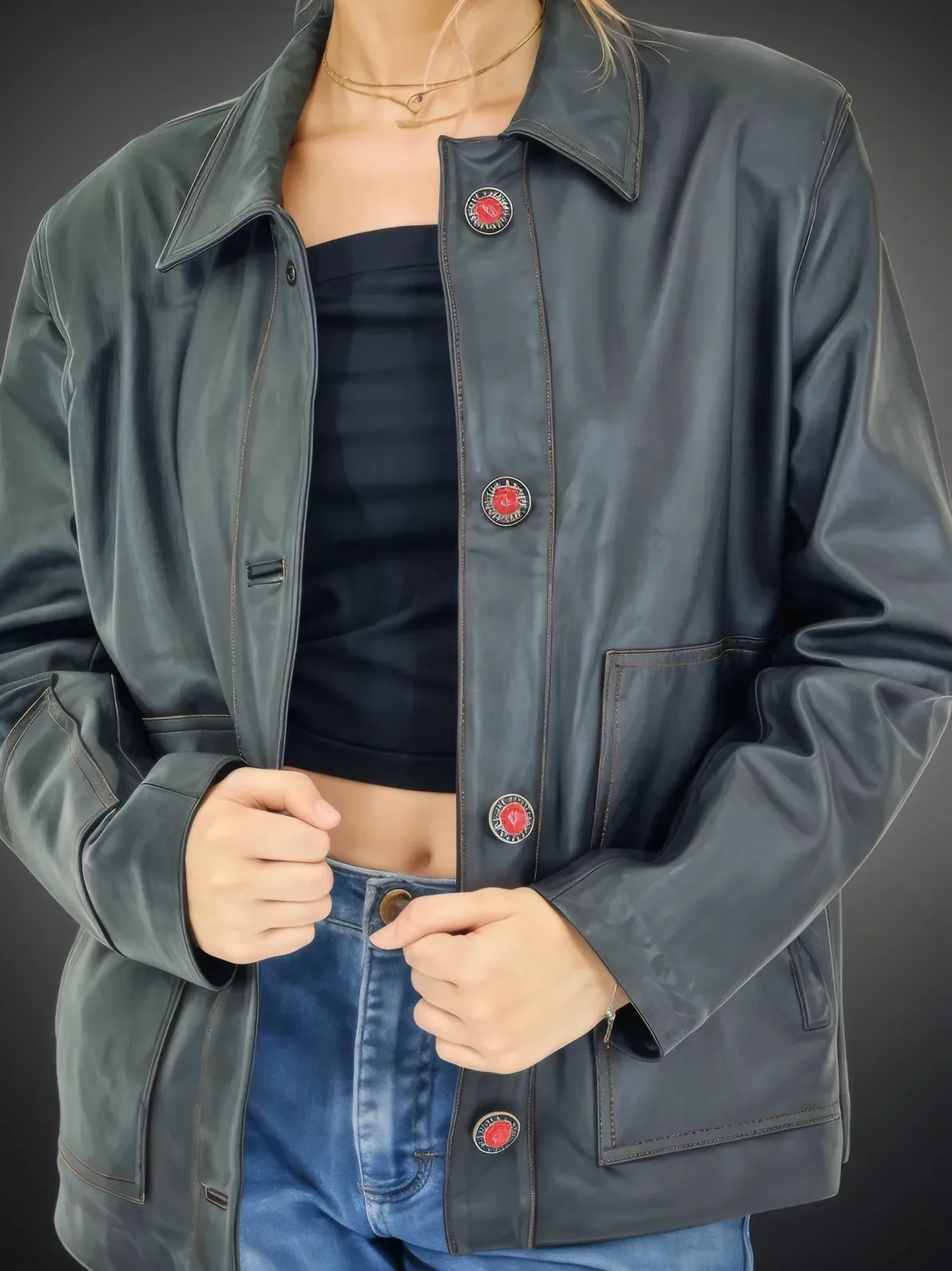 Handcrafted Oversized Sheepskin Leather Trucker Jacket – Stylish & Timeless Red Stitch