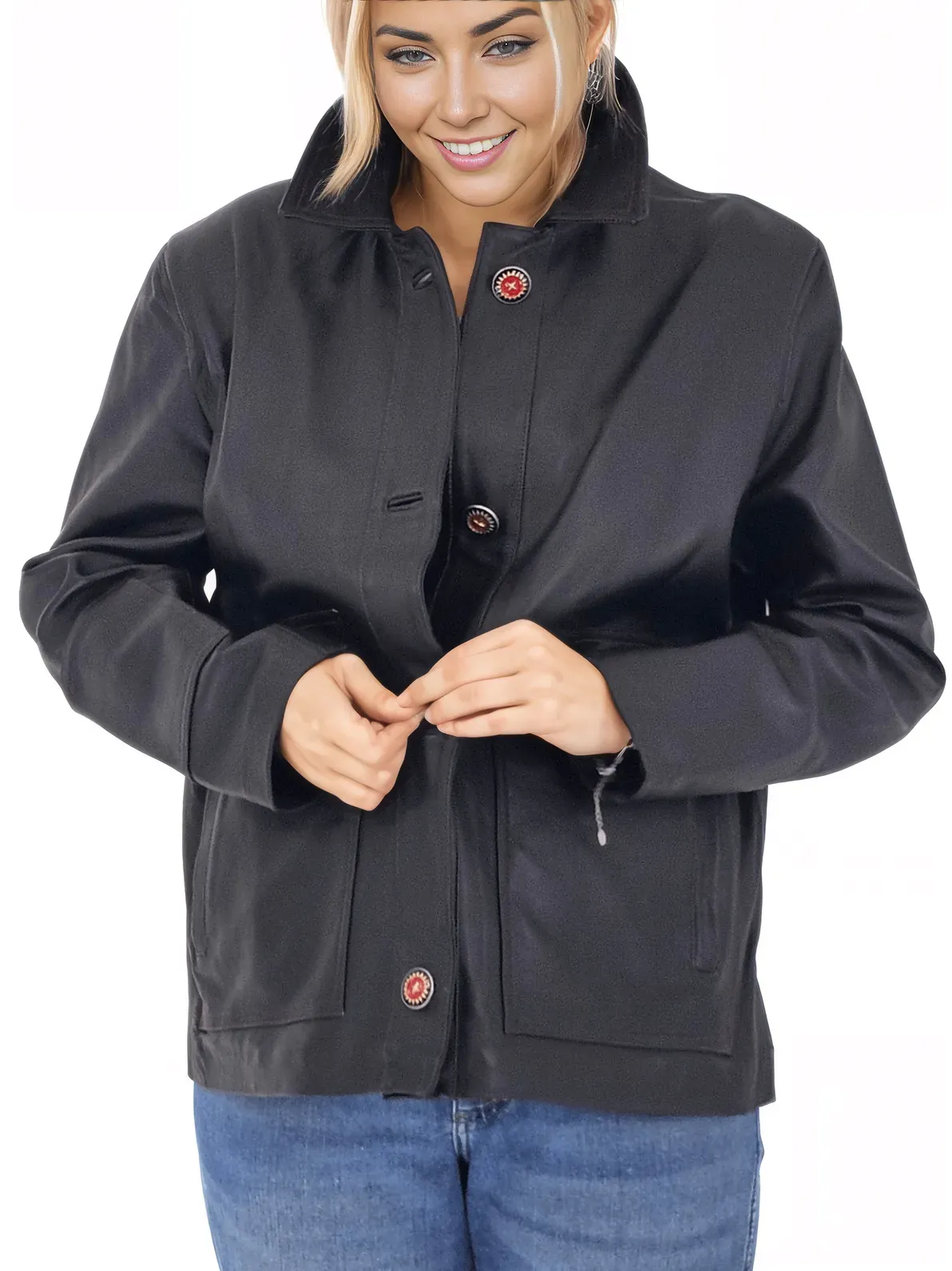 Handcrafted Oversized Sheepskin Leather Trucker Jacket – Stylish & Timeless Red Stitch