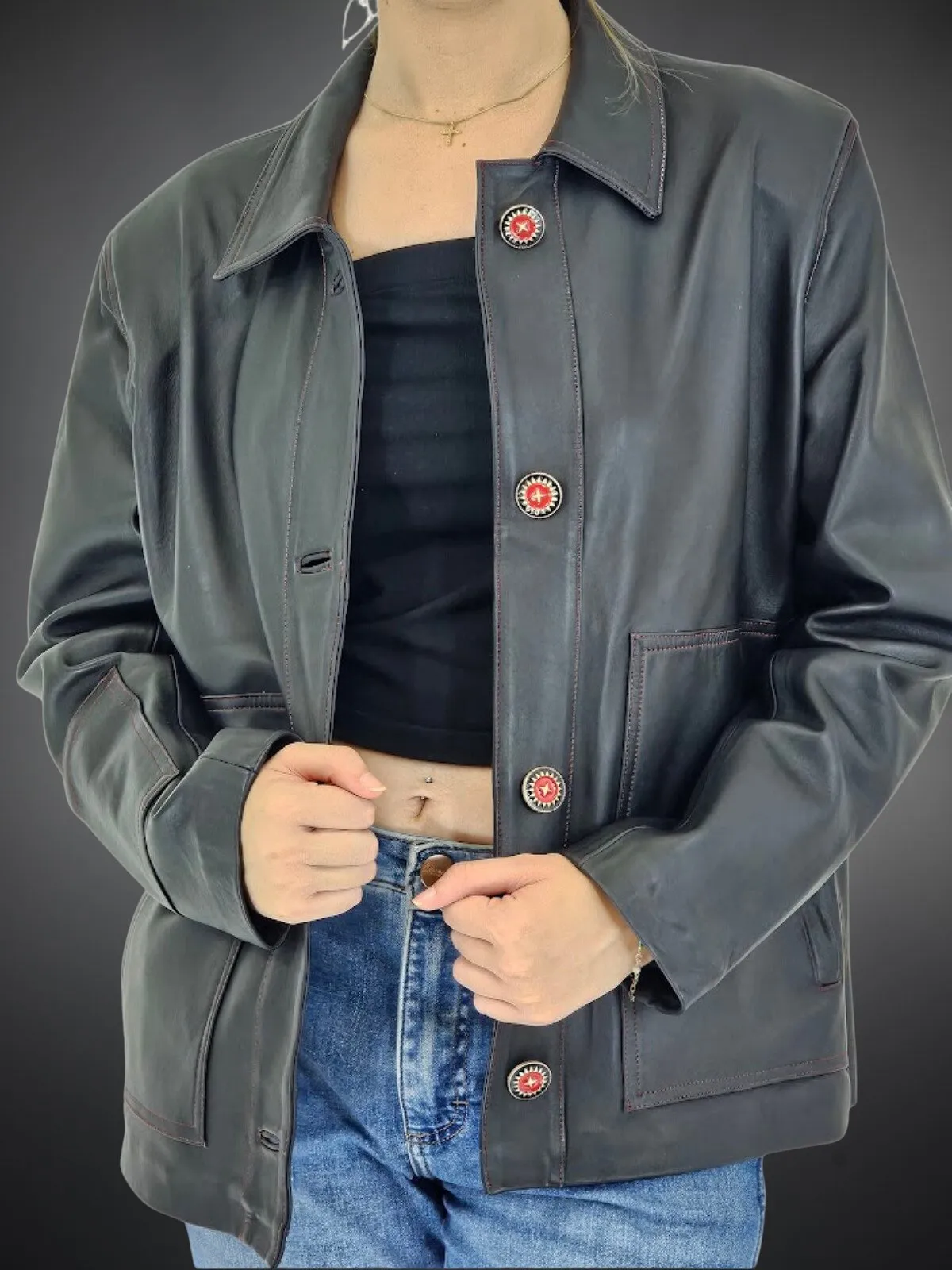 Handcrafted Oversized Sheepskin Leather Trucker Jacket – Stylish & Timeless Red Stitch