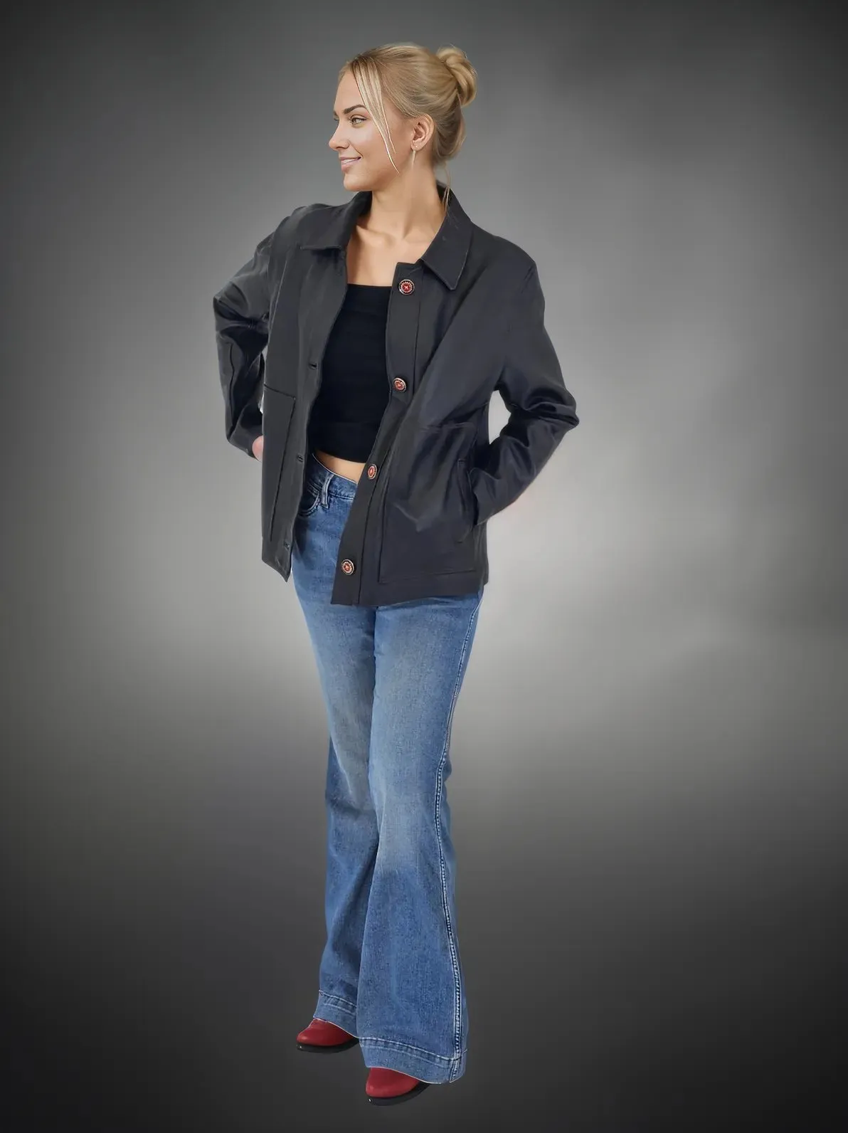 Handcrafted Oversized Sheepskin Leather Trucker Jacket – Stylish & Timeless Red Stitch