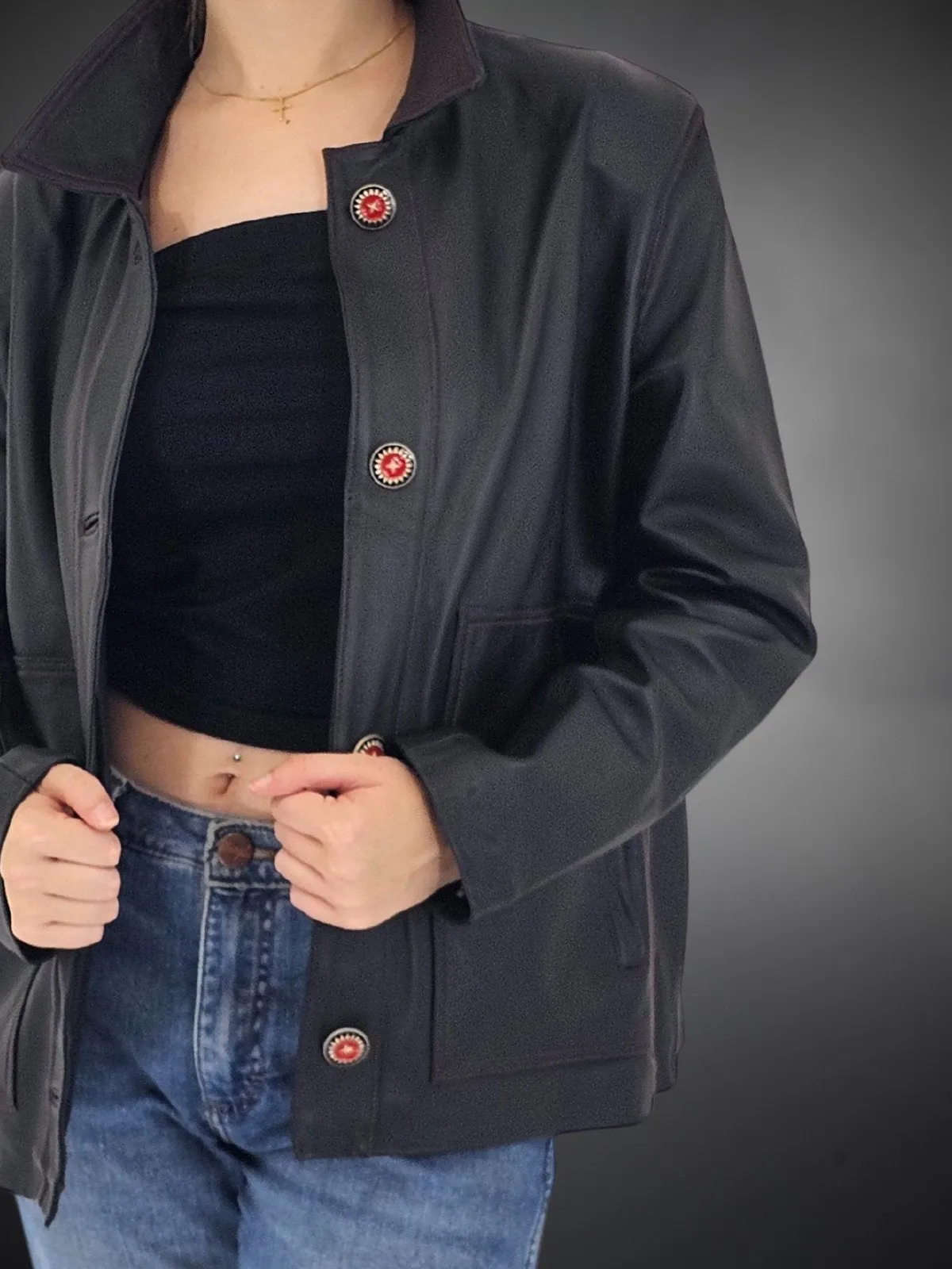 Handcrafted Oversized Sheepskin Leather Trucker Jacket – Stylish & Timeless Red Stitch