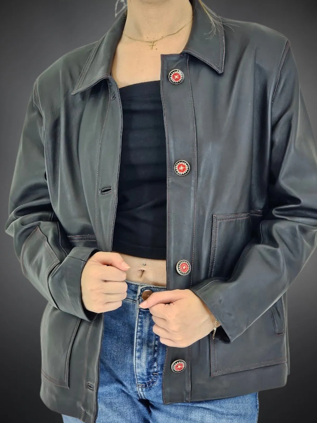 Handcrafted Oversized Sheepskin Leather Trucker Jacket – Stylish & Timeless Red Stitch