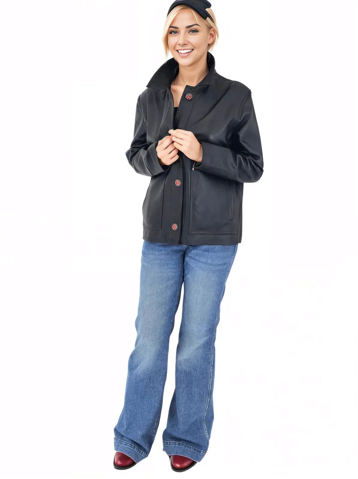 Handcrafted Oversized Sheepskin Leather Trucker Jacket – Stylish & Timeless Red Stitch