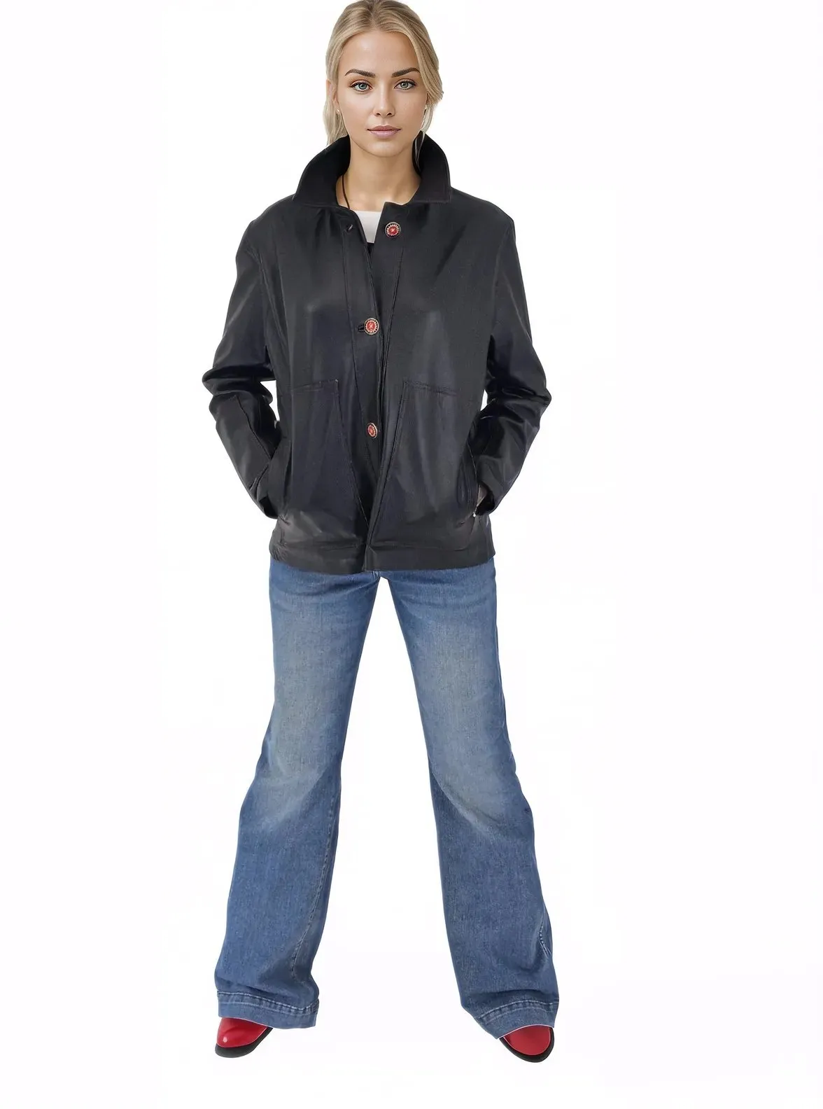 Handcrafted Oversized Sheepskin Leather Trucker Jacket – Stylish & Timeless Red Stitch