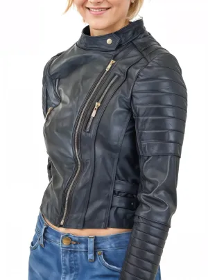 Handcrafted Women's Sheepskin Leather Biker Jacket – Premium Biker Style Black