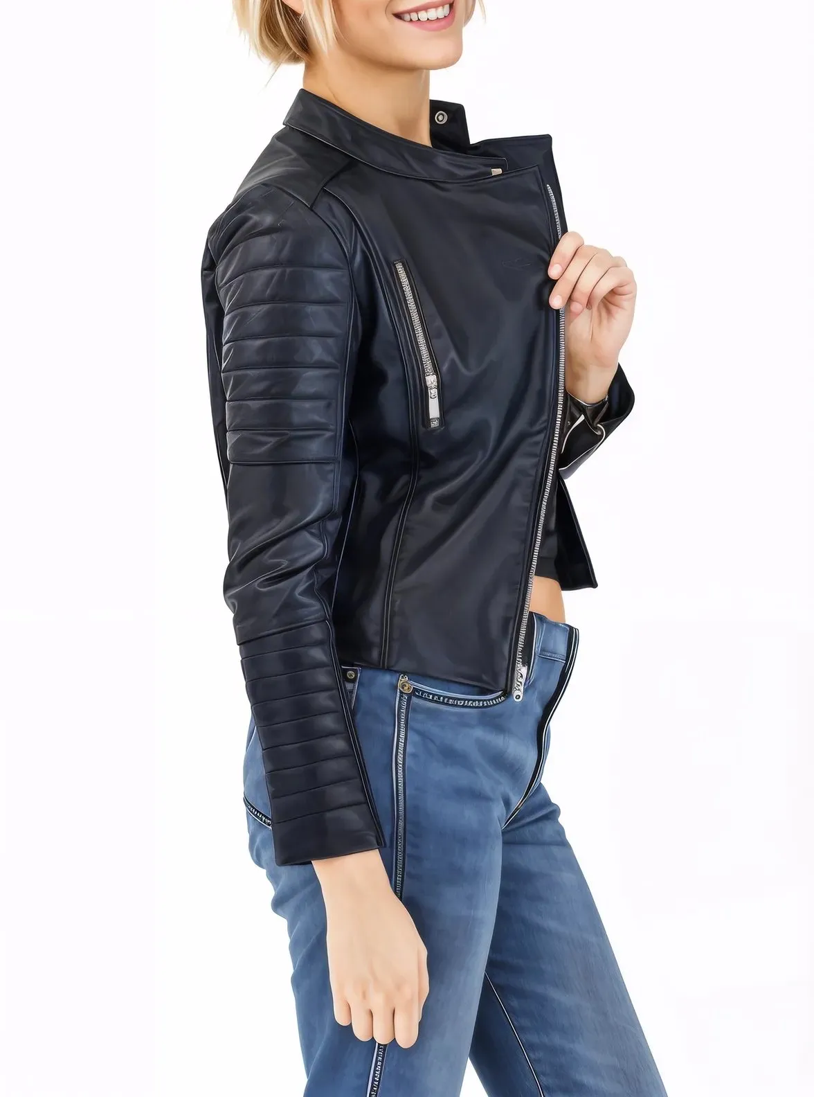 Handcrafted Women's Sheepskin Leather Biker Jacket – Premium Biker Style Black
