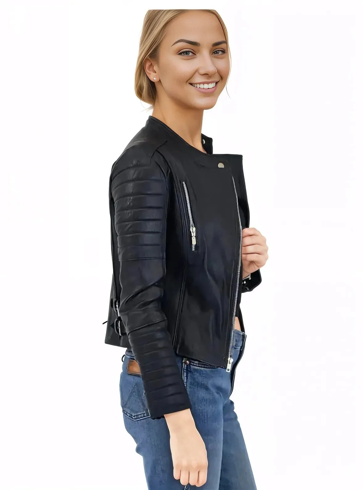 Handcrafted Women's Sheepskin Leather Biker Jacket – Premium Biker Style Black