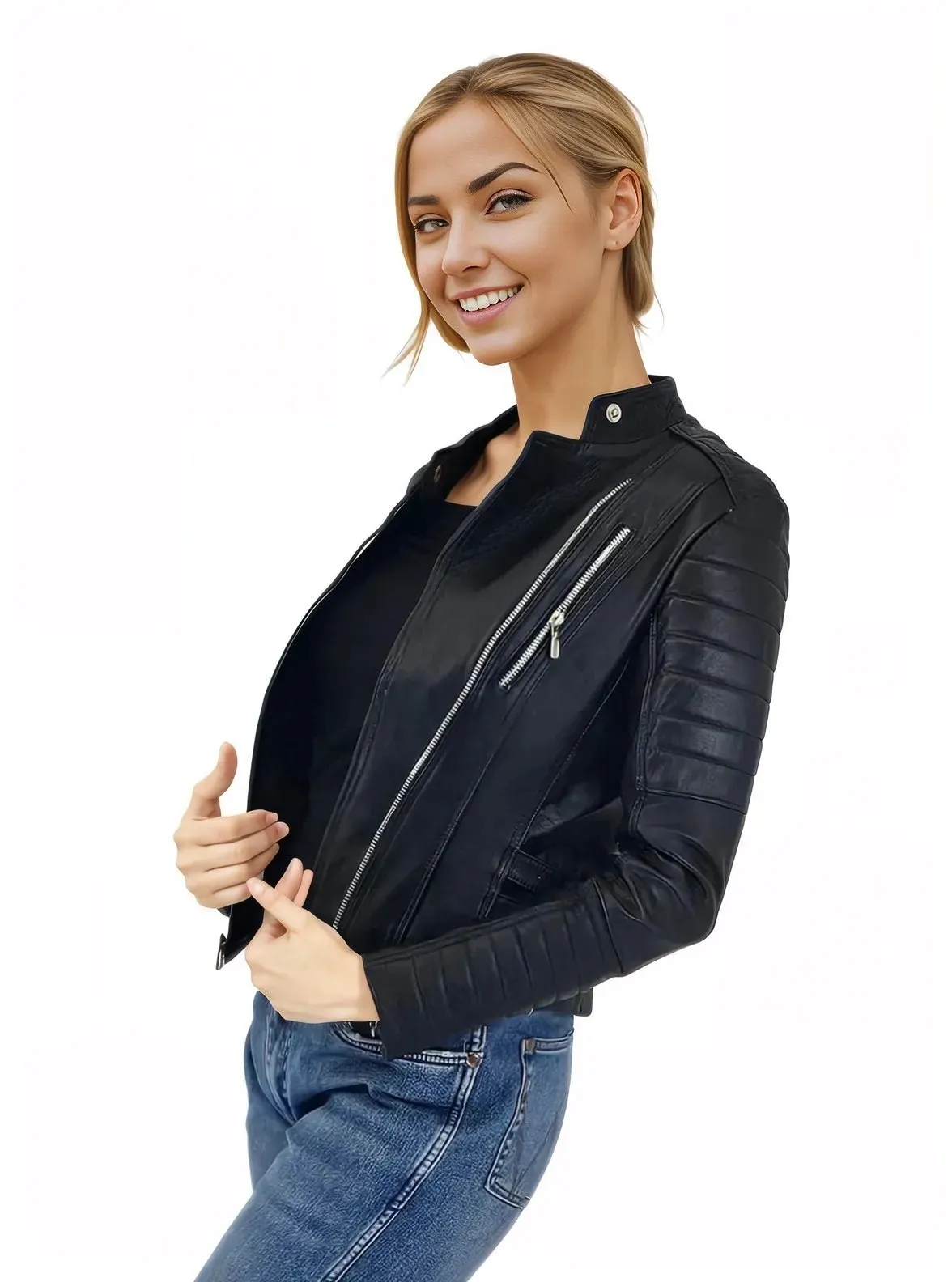Handcrafted Women's Sheepskin Leather Biker Jacket – Premium Biker Style Black