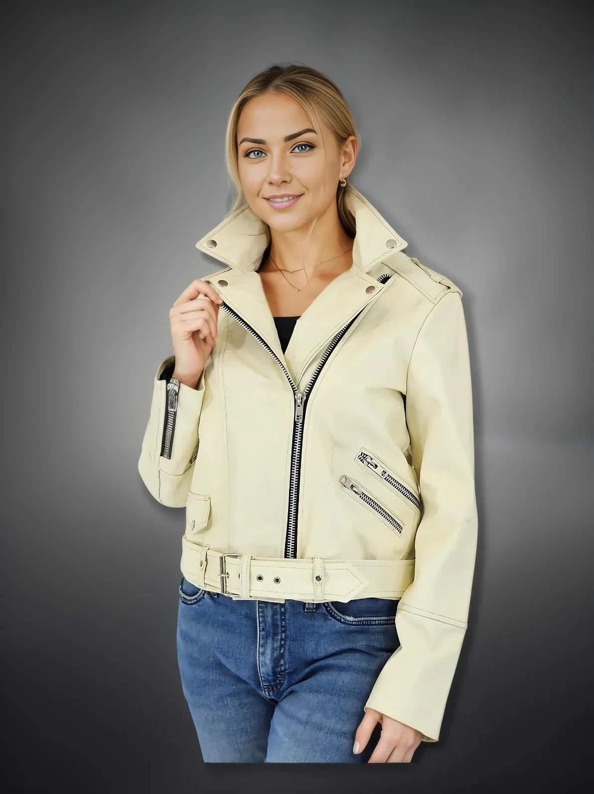 Handcrafted Women's Sheepskin Leather Biker Jacket – Premium Biker Style Bone
