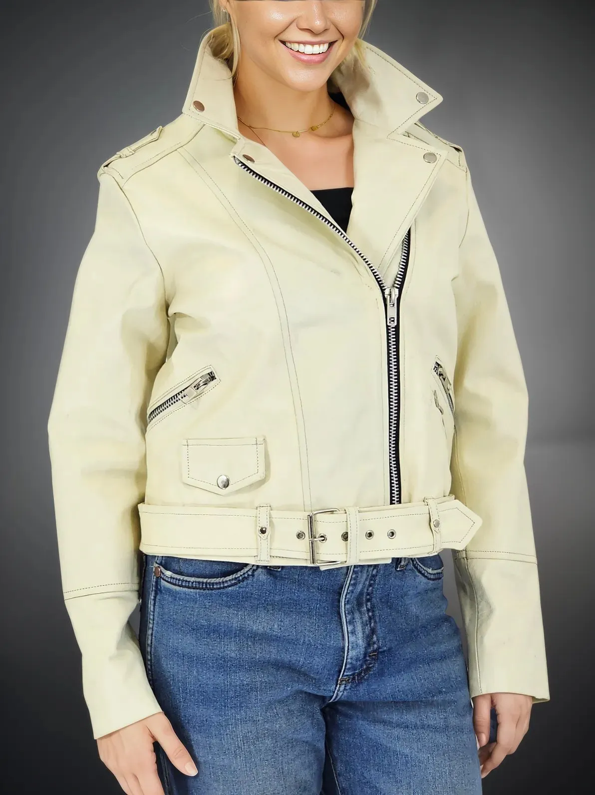Handcrafted Women's Sheepskin Leather Biker Jacket – Premium Biker Style Bone
