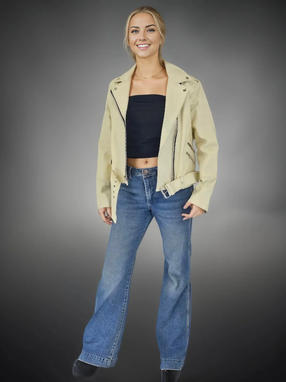 Handcrafted Women's Sheepskin Leather Biker Jacket – Premium Biker Style Bone