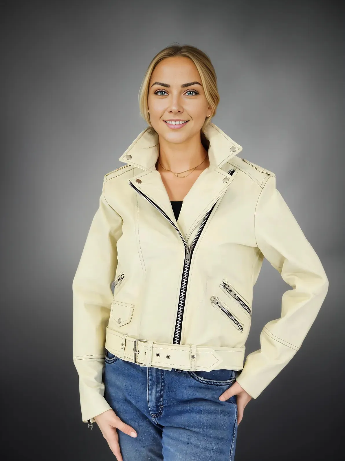 Handcrafted Women's Sheepskin Leather Biker Jacket – Premium Biker Style Bone