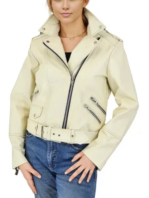 Handcrafted Women's Sheepskin Leather Biker Jacket – Premium Biker Style Bone