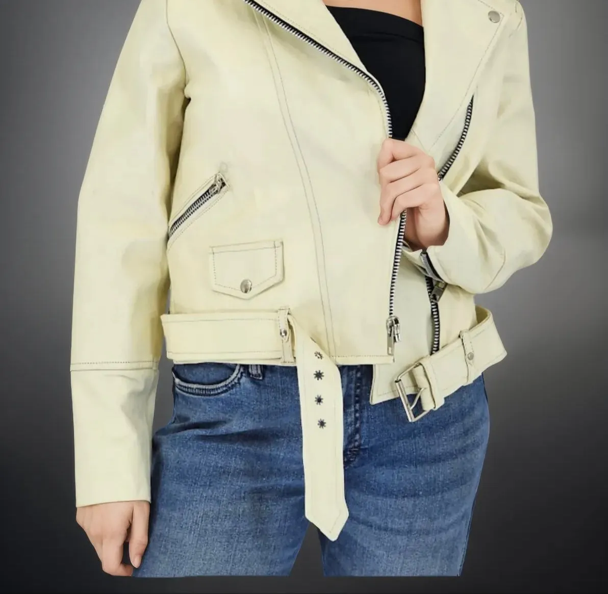 Handcrafted Women's Sheepskin Leather Biker Jacket – Premium Biker Style Bone