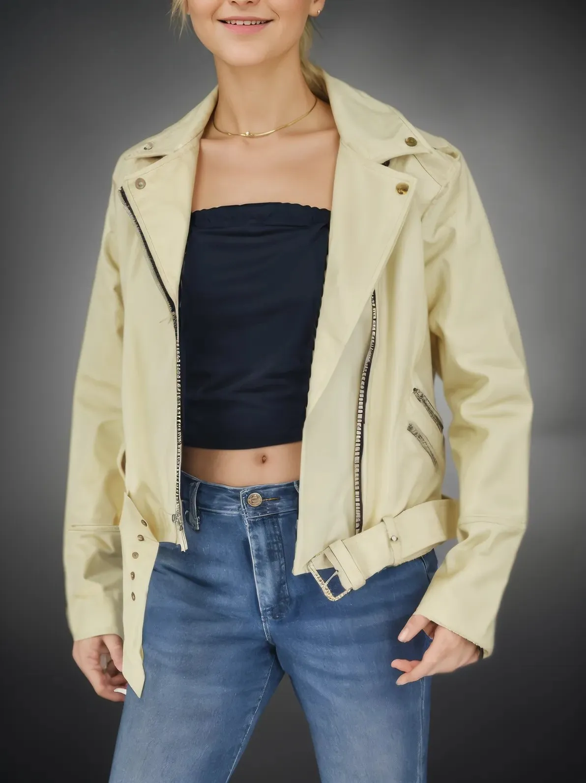 Handcrafted Women's Sheepskin Leather Biker Jacket – Premium Biker Style Bone