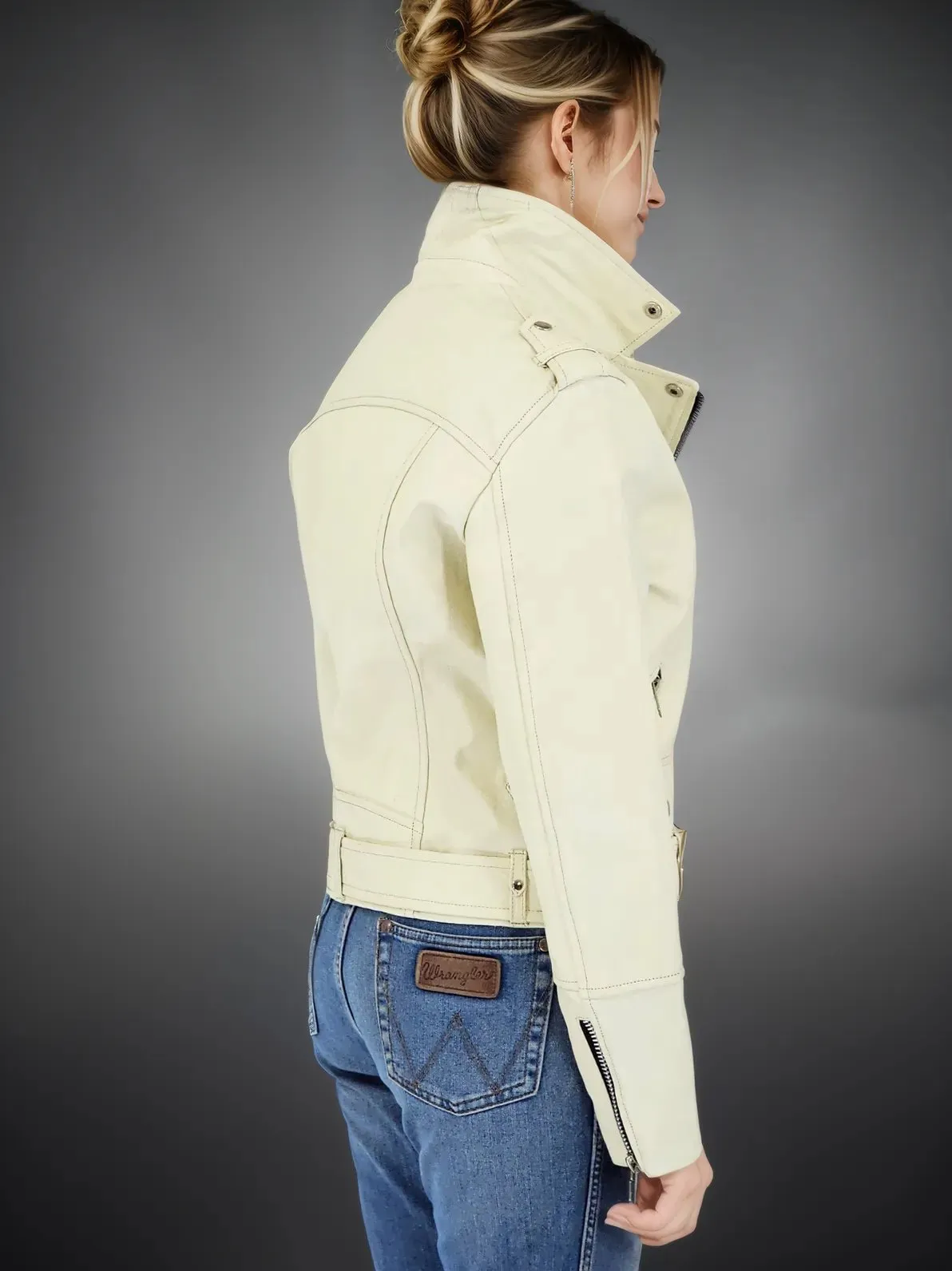 Handcrafted Women's Sheepskin Leather Biker Jacket – Premium Biker Style Bone