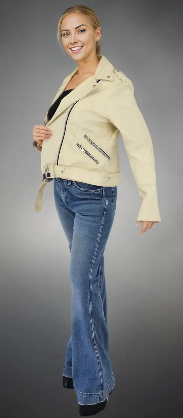 Handcrafted Women's Sheepskin Leather Biker Jacket – Premium Biker Style Bone