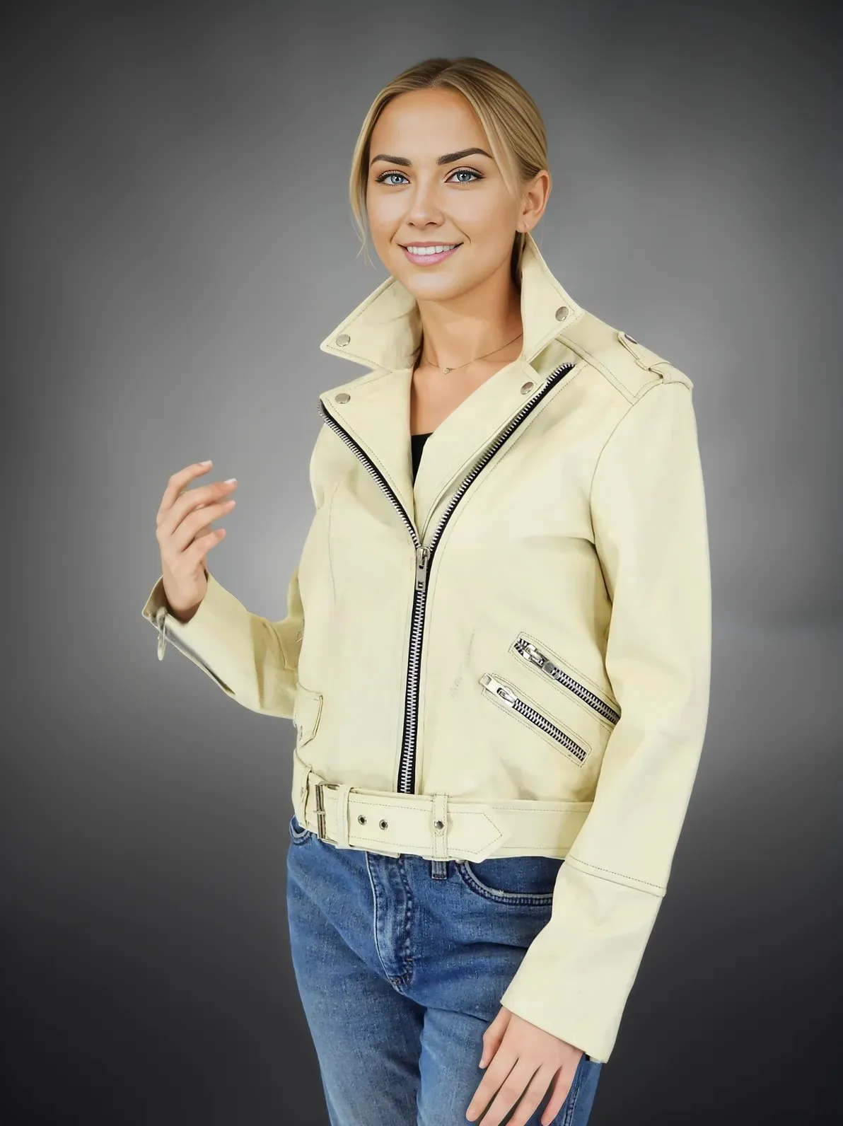 Handcrafted Women's Sheepskin Leather Biker Jacket – Premium Biker Style Bone