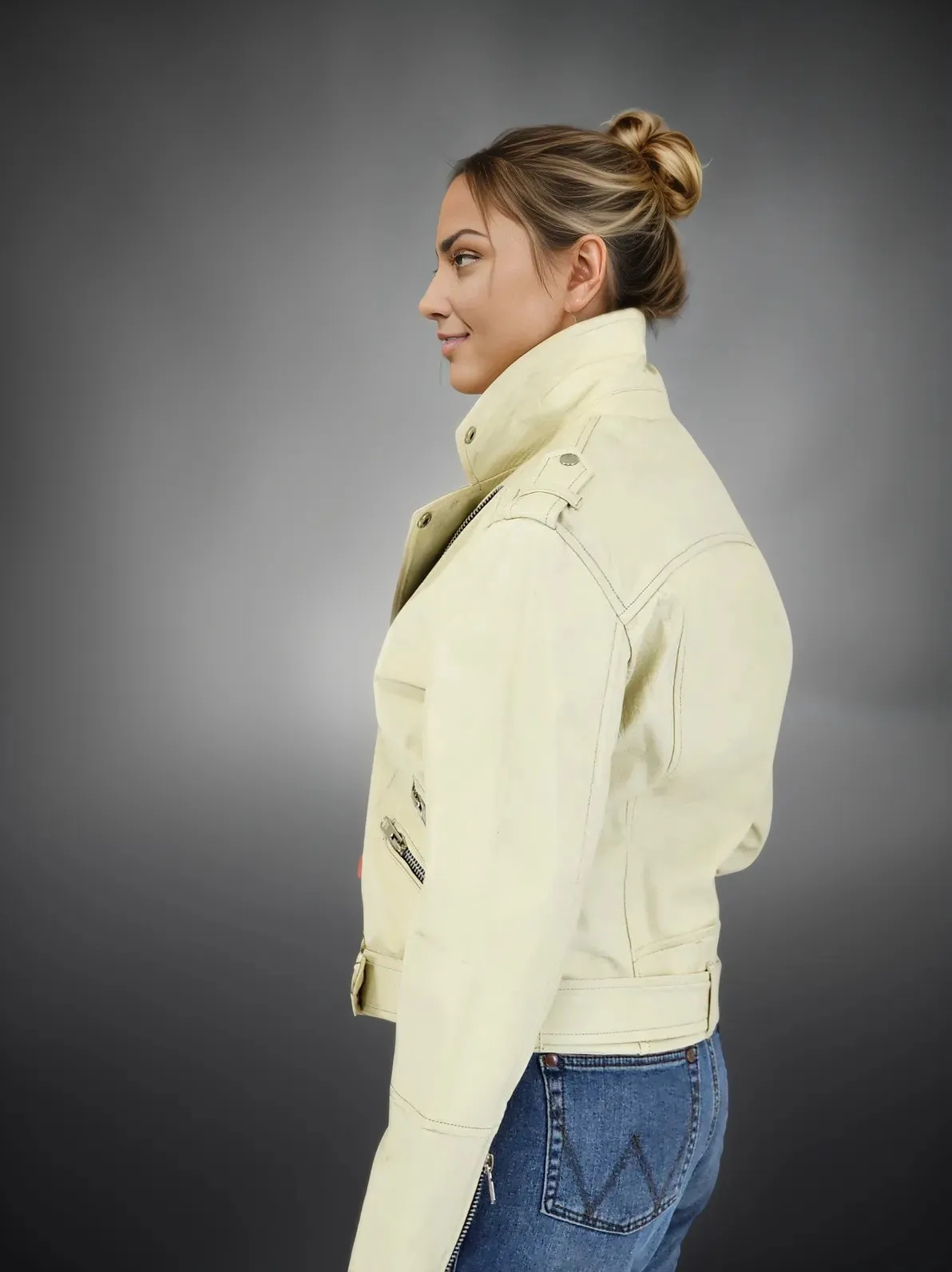 Handcrafted Women's Sheepskin Leather Biker Jacket – Premium Biker Style Bone
