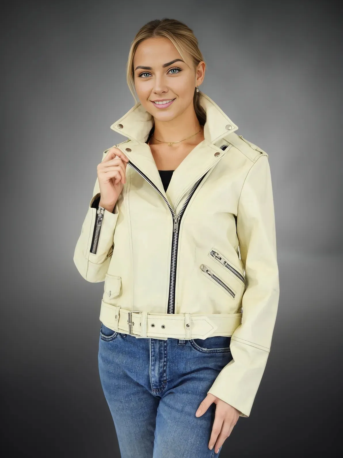 Handcrafted Women's Sheepskin Leather Biker Jacket – Premium Biker Style Bone