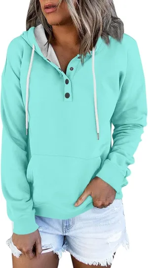 Hoodies for Women Trendy 2024 Hooded Button Collar Drawstring Pullover Sweatshirts Casual Long Sleeve Clothes