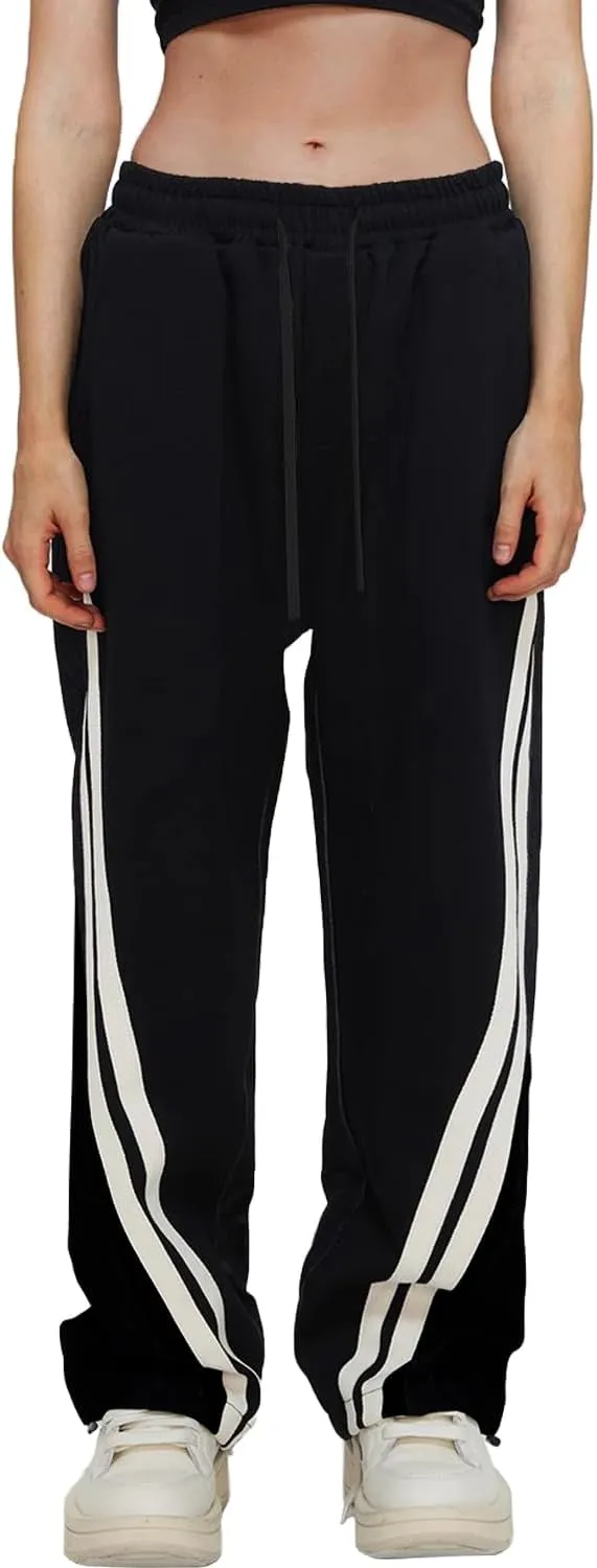 HVEPUO Womens Elastic Waist Drawstring Black Pants Striped Patchwork Cotton Trousers High Waisted Wide Leg Streetwear Pants