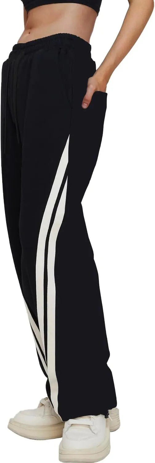 HVEPUO Womens Elastic Waist Drawstring Black Pants Striped Patchwork Cotton Trousers High Waisted Wide Leg Streetwear Pants